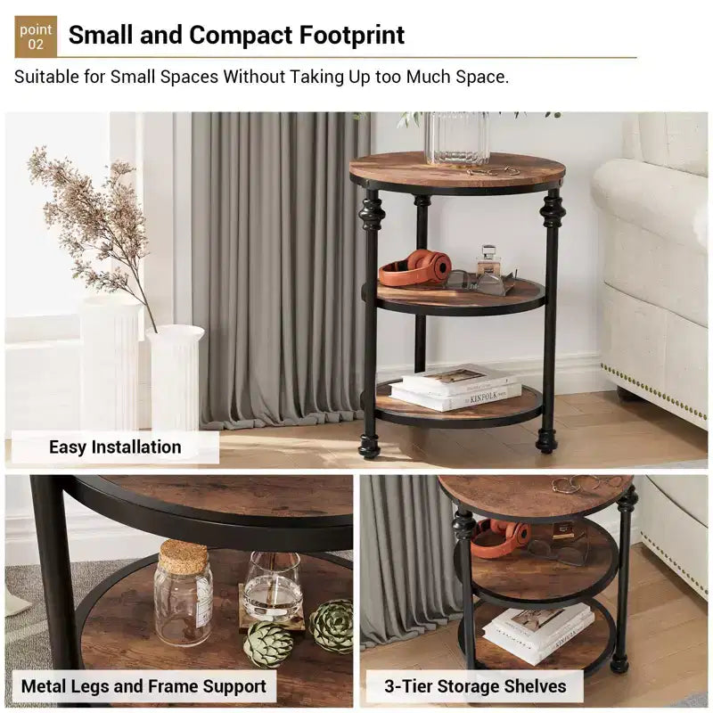 Table d'appoint à 3 niveaux avec rangement, Table d'appoint rustique style ferme avec pieds en colonne métallique, Table d'appoint chêne foncé pour salon chambre à coucher