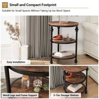 Table d'appoint à 3 niveaux avec rangement, Table d'appoint rustique style ferme avec pieds en colonne métallique, Table d'appoint chêne foncé pour salon chambre à coucher
