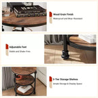 Table d'appoint à 3 niveaux avec rangement, Table d'appoint rustique style ferme avec pieds en colonne métallique, Table d'appoint chêne foncé pour salon chambre à coucher