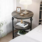 Table d'appoint à 3 niveaux avec rangement, Table d'appoint rustique style ferme avec pieds en colonne métallique, Table d'appoint chêne foncé pour salon chambre à coucher