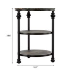 Table d'appoint à 3 niveaux avec rangement, Table d'appoint rustique style ferme avec pieds en colonne métallique, Table d'appoint chêne foncé pour salon chambre à coucher
