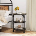 Table d'appoint à 3 niveaux avec rangement, Table d'appoint rustique style ferme avec pieds en colonne métallique, Table d'appoint chêne foncé pour salon chambre à coucher