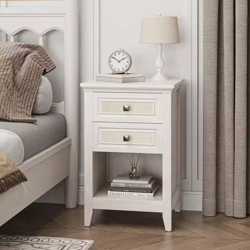 Table de chevet bohème en rotin avec 2 tiroirs, table de chevet gris-blanc de 68,5 cm, petite table d'appoint de rangement pour chambre à coucher et salon