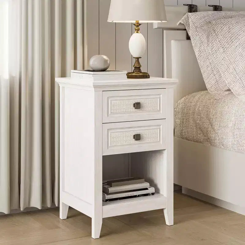 Table de chevet bohème en rotin avec 2 tiroirs, table de chevet gris-blanc de 68,5 cm, petite table d'appoint de rangement pour chambre à coucher et salon