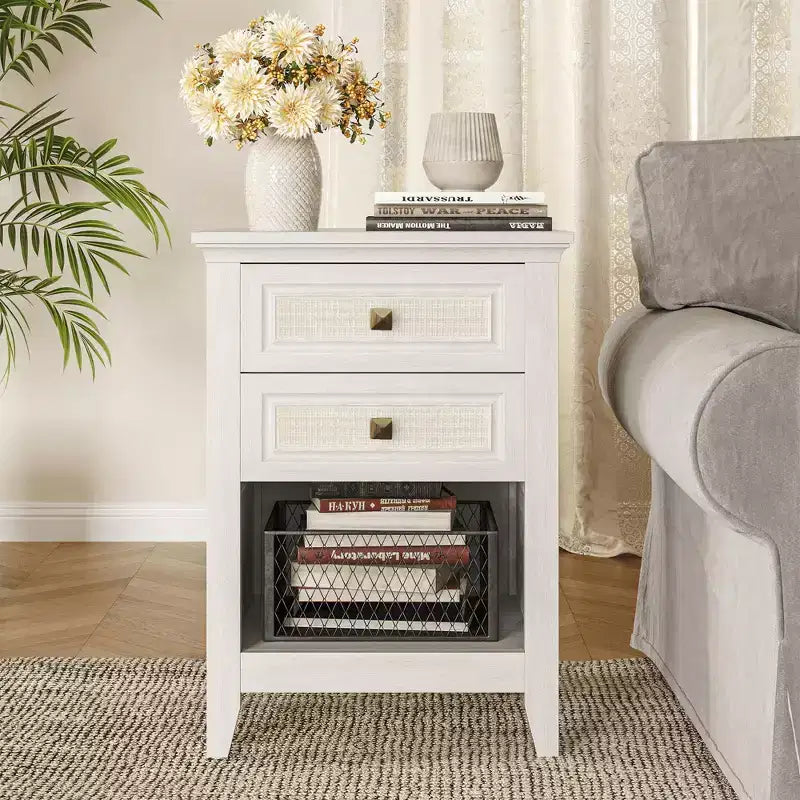 Table de chevet bohème en rotin avec 2 tiroirs, table de chevet gris-blanc de 68,5 cm, petite table d'appoint de rangement pour chambre à coucher et salon