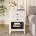 Table de chevet bohème en rotin avec 2 tiroirs, table de chevet gris-blanc de 68,5 cm, petite table d'appoint de rangement pour chambre à coucher et salon