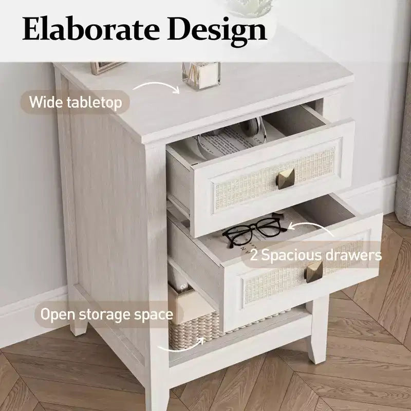 Table de chevet bohème en rotin avec 2 tiroirs, table de chevet gris-blanc de 68,5 cm, petite table d'appoint de rangement pour chambre à coucher et salon