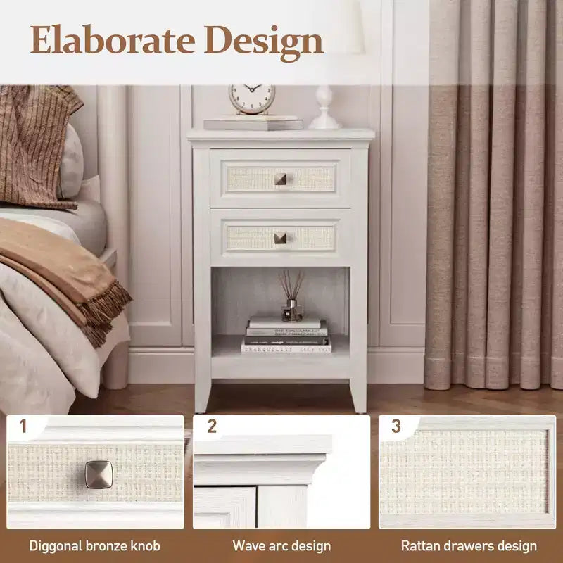Table de chevet bohème en rotin avec 2 tiroirs, table de chevet gris-blanc de 68,5 cm, petite table d'appoint de rangement pour chambre à coucher et salon