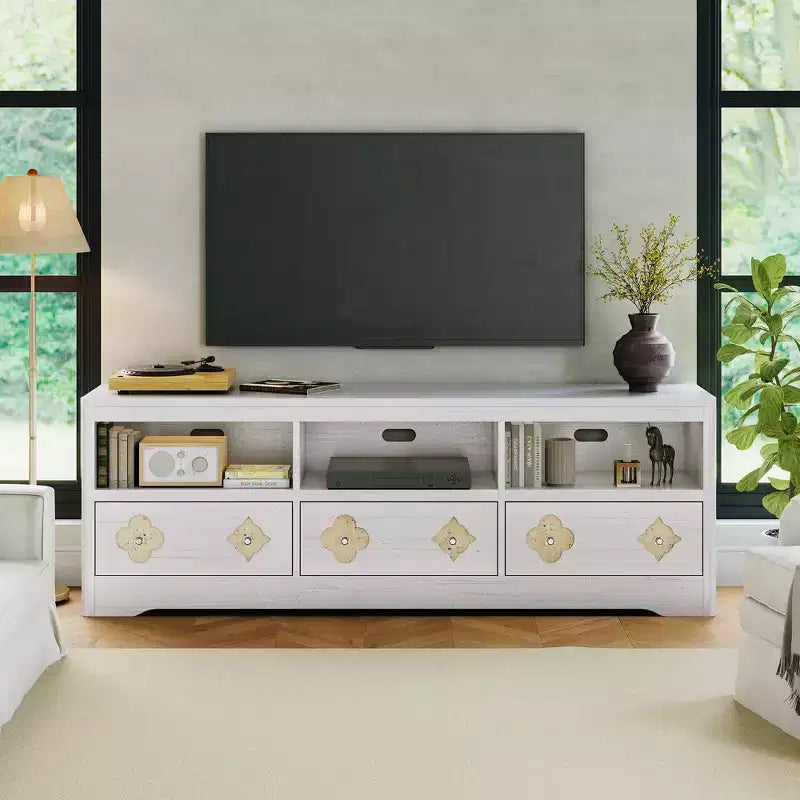 Meuble TV de 70 po de style moderne du milieu du siècle pour téléviseurs jusqu'à 85 po, centre de divertissement avec tiroir gravé et étagères de rangement ouvertes