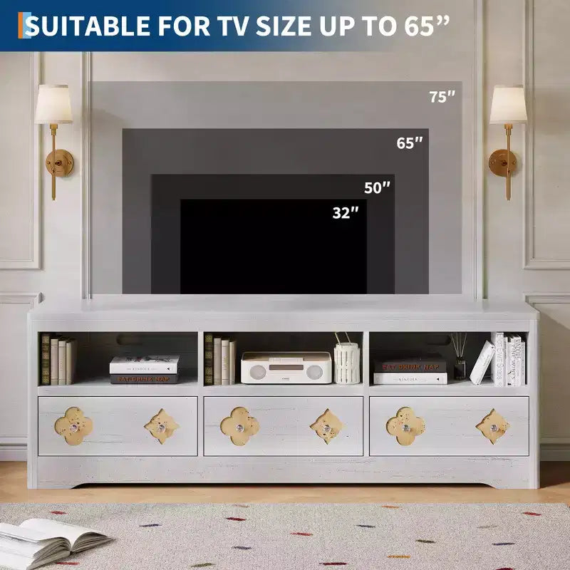 Meuble TV de 70 po de style moderne du milieu du siècle pour téléviseurs jusqu'à 85 po, centre de divertissement avec tiroir gravé et étagères de rangement ouvertes