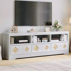 Meuble TV de 70 po de style moderne du milieu du siècle pour téléviseurs jusqu'à 85 po, centre de divertissement avec tiroir gravé et étagères de rangement ouvertes