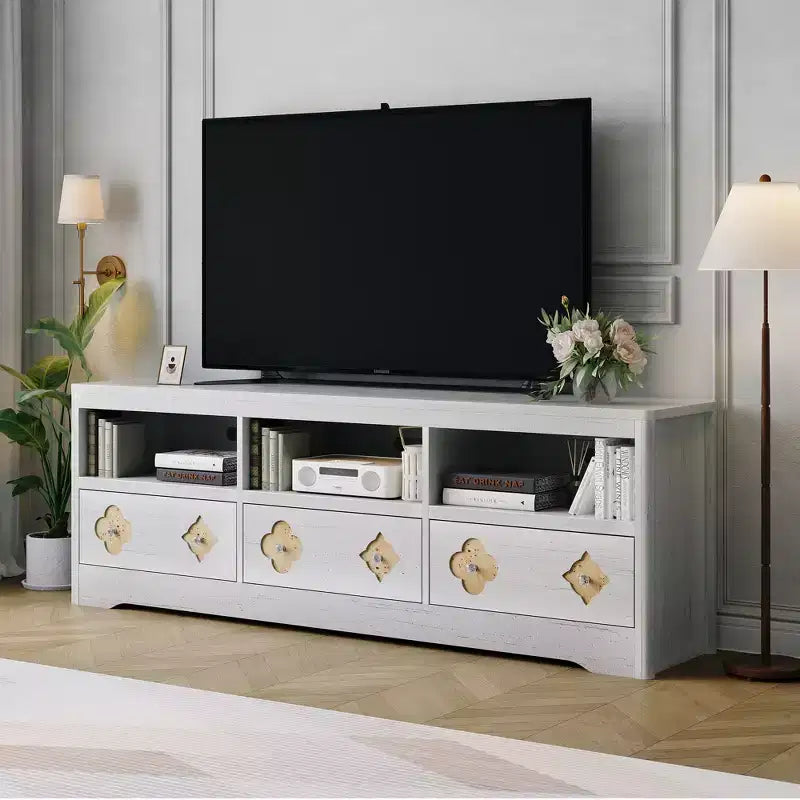 Meuble TV de 70 po de style moderne du milieu du siècle pour téléviseurs jusqu'à 85 po, centre de divertissement avec tiroir gravé et étagères de rangement ouvertes