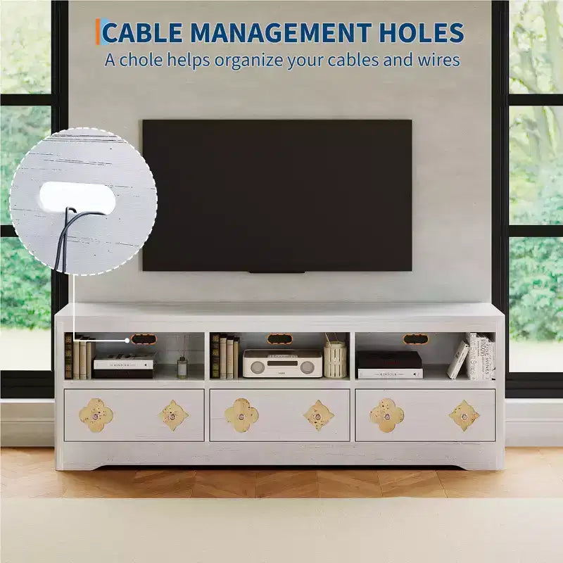 Meuble TV de 70 po de style moderne du milieu du siècle pour téléviseurs jusqu'à 85 po, centre de divertissement avec tiroir gravé et étagères de rangement ouvertes