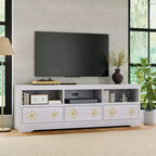 Meuble TV de 70 po de style moderne du milieu du siècle pour téléviseurs jusqu'à 85 po, centre de divertissement avec tiroir gravé et étagères de rangement ouvertes