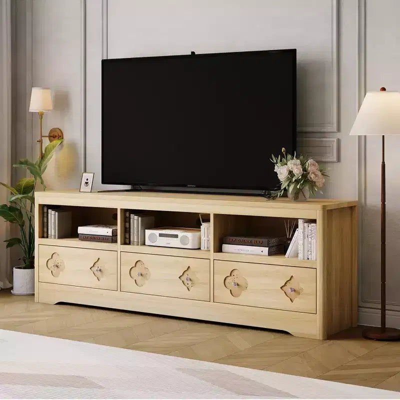 Meuble TV de 70 po de style moderne du milieu du siècle pour téléviseurs jusqu'à 85 po, centre de divertissement avec tiroir gravé et étagères de rangement ouvertes