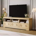 Meuble TV de 70 po de style moderne du milieu du siècle pour téléviseurs jusqu'à 85 po, centre de divertissement avec tiroir gravé et étagères de rangement ouvertes