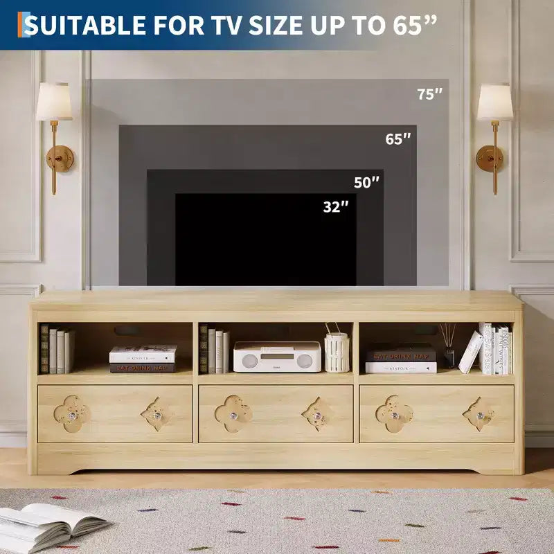 Meuble TV de 70 po de style moderne du milieu du siècle pour téléviseurs jusqu'à 85 po, centre de divertissement avec tiroir gravé et étagères de rangement ouvertes
