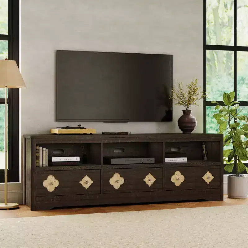 Meuble TV de 70 po de style moderne du milieu du siècle pour téléviseurs jusqu'à 85 po, centre de divertissement avec tiroir gravé et étagères de rangement ouvertes