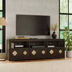 Meuble TV de 70 po de style moderne du milieu du siècle pour téléviseurs jusqu'à 85 po, centre de divertissement avec tiroir gravé et étagères de rangement ouvertes