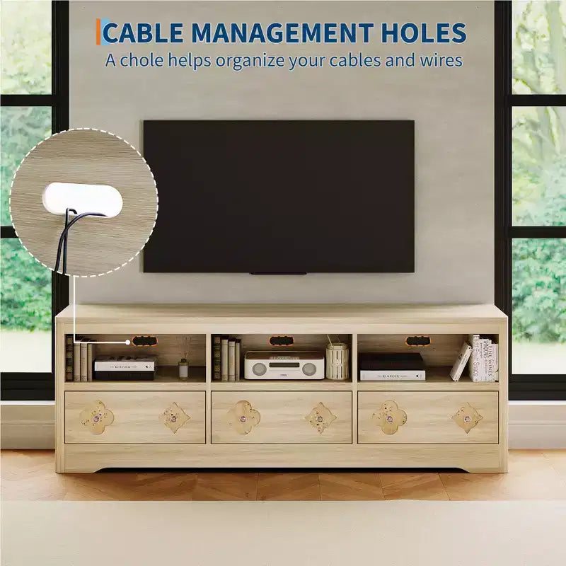Meuble TV de 70 po de style moderne du milieu du siècle pour téléviseurs jusqu'à 85 po, centre de divertissement avec tiroir gravé et étagères de rangement ouvertes