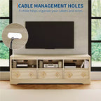 Meuble TV de 70 po de style moderne du milieu du siècle pour téléviseurs jusqu'à 85 po, centre de divertissement avec tiroir gravé et étagères de rangement ouvertes