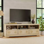 Meuble TV de 70 po de style moderne du milieu du siècle pour téléviseurs jusqu'à 85 po, centre de divertissement avec tiroir gravé et étagères de rangement ouvertes