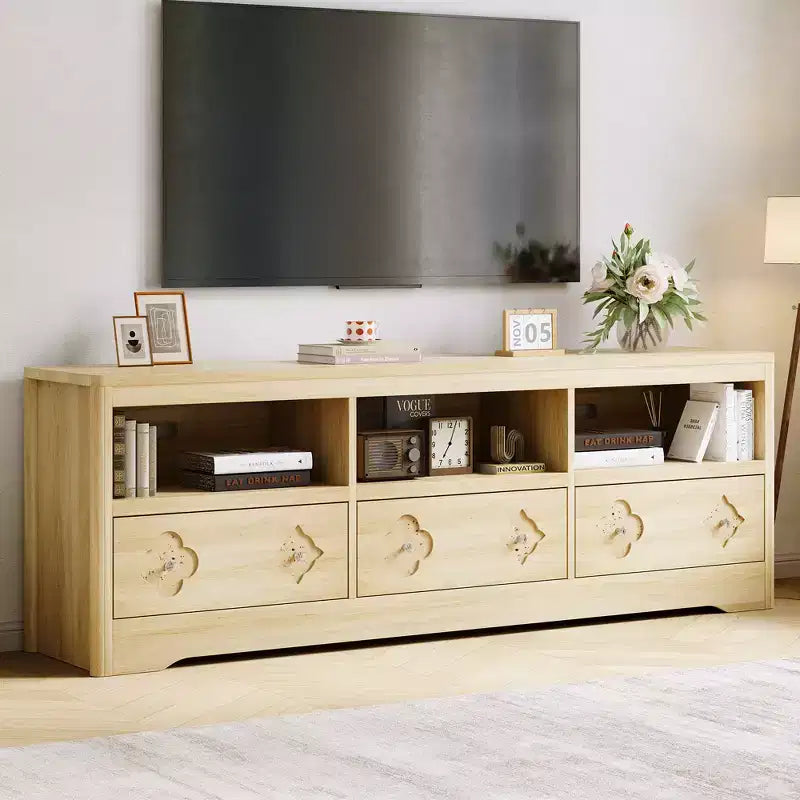 Meuble TV de 70 po de style moderne du milieu du siècle pour téléviseurs jusqu'à 85 po, centre de divertissement avec tiroir gravé et étagères de rangement ouvertes