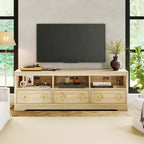 Meuble TV de 70 po de style moderne du milieu du siècle pour téléviseurs jusqu'à 85 po, centre de divertissement avec tiroir gravé et étagères de rangement ouvertes