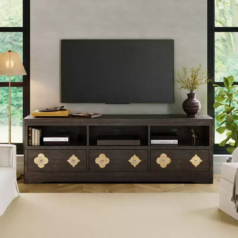 Meuble TV de 70 po de style moderne du milieu du siècle pour téléviseurs jusqu'à 85 po, centre de divertissement avec tiroir gravé et étagères de rangement ouvertes
