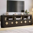 Meuble TV de 70 po de style moderne du milieu du siècle pour téléviseurs jusqu'à 85 po, centre de divertissement avec tiroir gravé et étagères de rangement ouvertes