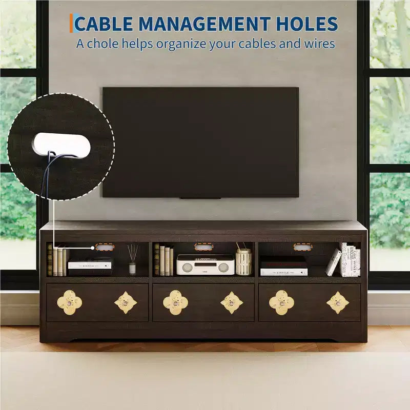 Meuble TV de 70 po de style moderne du milieu du siècle pour téléviseurs jusqu'à 85 po, centre de divertissement avec tiroir gravé et étagères de rangement ouvertes