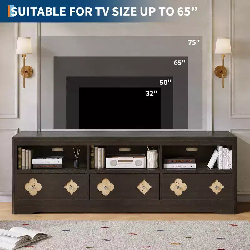 Meuble TV de 70 po de style moderne du milieu du siècle pour téléviseurs jusqu'à 85 po, centre de divertissement avec tiroir gravé et étagères de rangement ouvertes