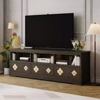 Meuble TV de 70 po de style moderne du milieu du siècle pour téléviseurs jusqu'à 85 po, centre de divertissement avec tiroir gravé et étagères de rangement ouvertes
