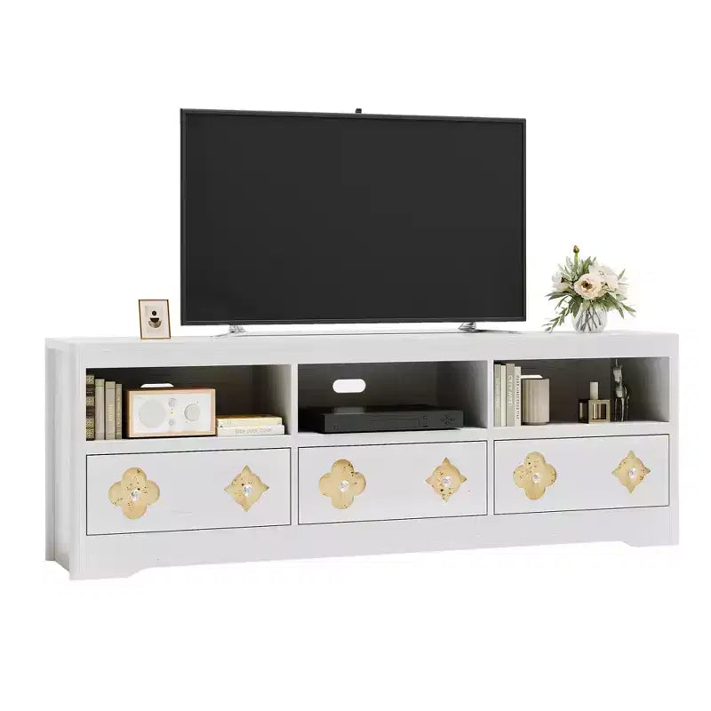 Meuble TV de 70 po de style moderne du milieu du siècle pour téléviseurs jusqu'à 85 po, centre de divertissement avec tiroir gravé et étagères de rangement ouvertes