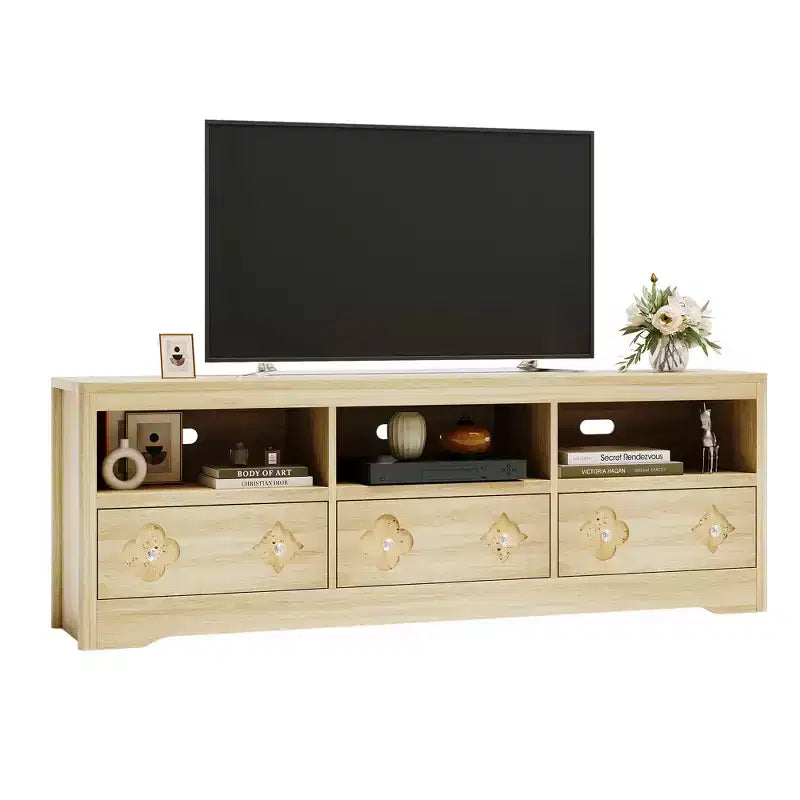 Meuble TV de 70 po de style moderne du milieu du siècle pour téléviseurs jusqu'à 85 po, centre de divertissement avec tiroir gravé et étagères de rangement ouvertes