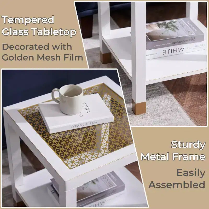 Table d'appoint moderne à 2 niveaux en verre et métal, polyvalente pour salon et chambre à coucher