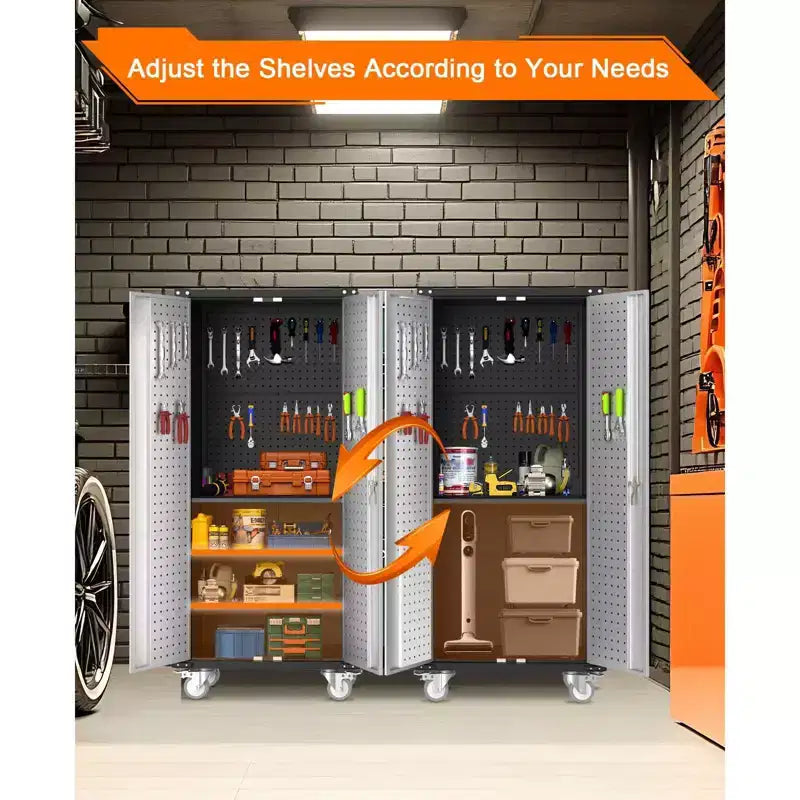 Armoire de rangement haute en métal robuste, portes verrouillables, 4 étagères réglables, roulettes – pour cellier, garage, bureau – Gris clair/Gris foncé