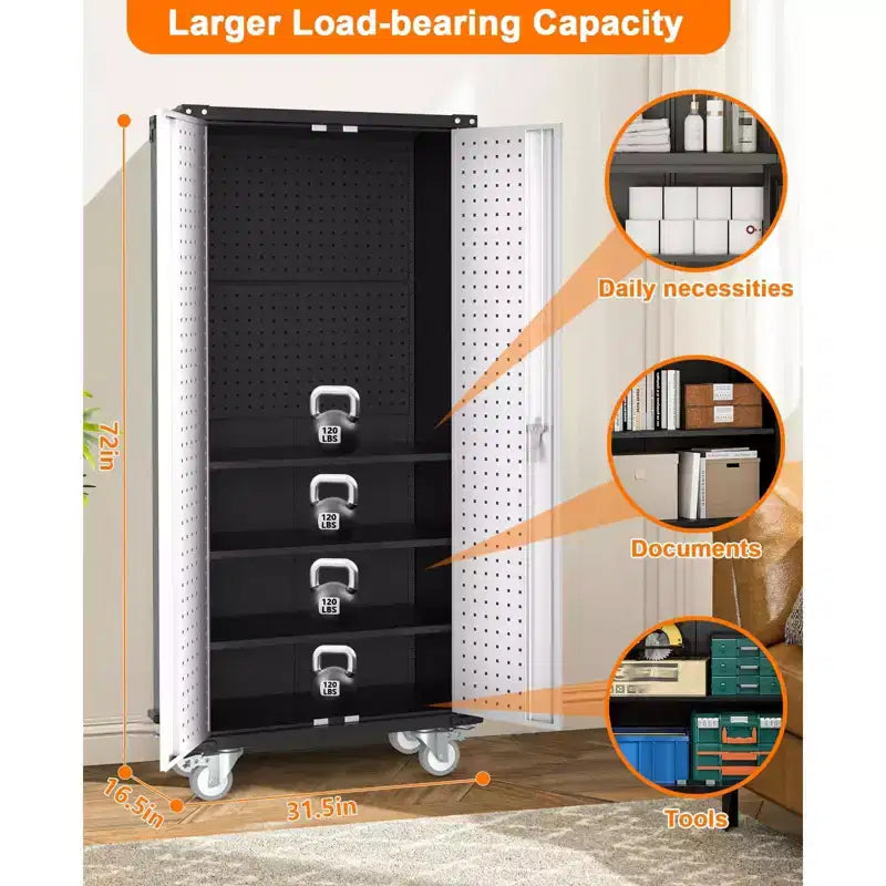 Armoire de rangement haute en métal robuste, portes verrouillables, 4 étagères réglables, roulettes – pour cellier, garage, bureau – Gris clair/Gris foncé