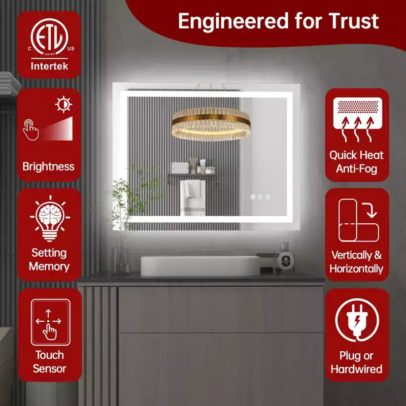 Miroir de salle de bain mural en verre trempé 28x36, miroir de courtoisie LED anti-buée ETL, 3 modes de couleur