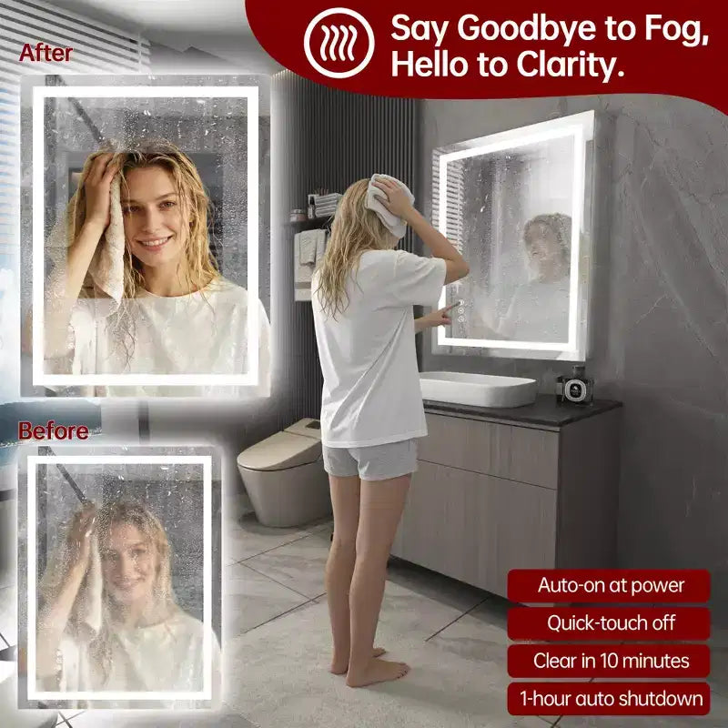 Miroir de salle de bain mural en verre trempé 28x36, miroir de courtoisie LED anti-buée ETL, 3 modes de couleur