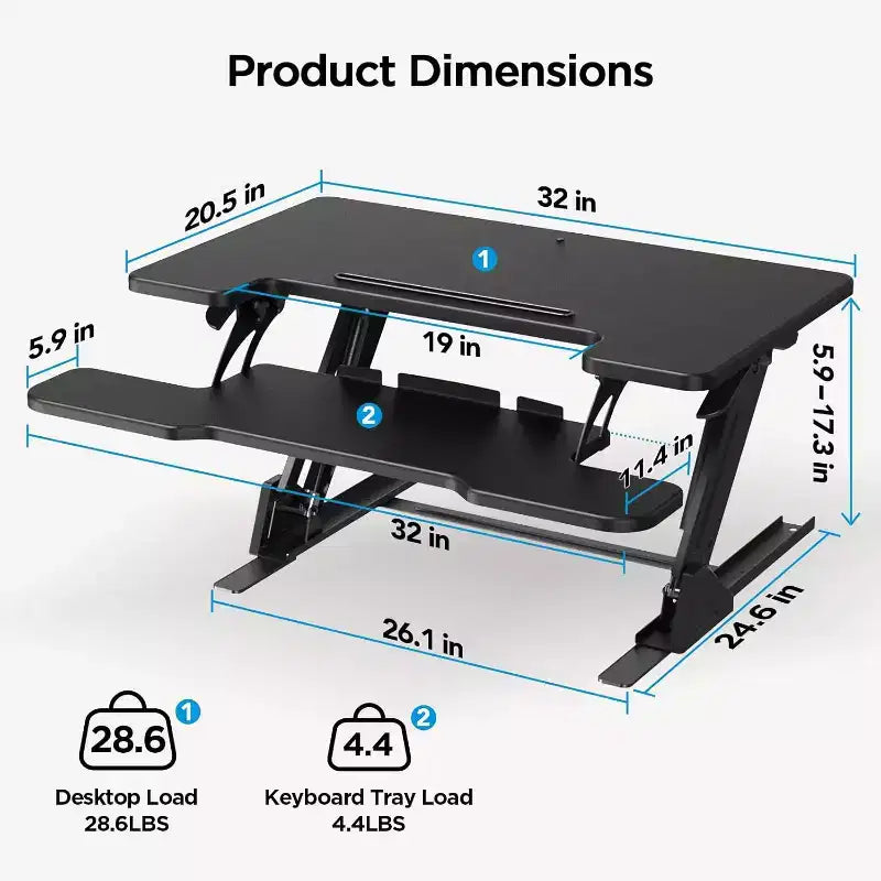 Rehausseur de bureau debout en Z de 32 pouces, convertisseur de bureau assis-debout à hauteur réglable, support pour ordinateur portable, élévateur de bureau pour la maison et le bureau
