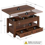 Table basse relevable séparée de 100 cm, surface pivotante à 180° se transformant en bureau de salle à manger, 2 tiroirs avec rangement dissimulé, meuble central de style industriel moderne