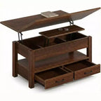 Table basse relevable séparée de 100 cm, surface pivotante à 180° se transformant en bureau de salle à manger, 2 tiroirs avec rangement dissimulé, meuble central de style industriel moderne