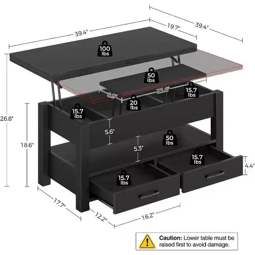 Table basse relevable séparée de 100 cm, surface pivotante à 180° se transformant en bureau de salle à manger, 2 tiroirs avec rangement dissimulé, meuble central de style industriel moderne
