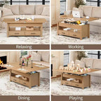 Table basse relevable séparée de 100 cm, surface pivotante à 180° se transformant en bureau de salle à manger, 2 tiroirs avec rangement dissimulé, meuble central de style industriel moderne