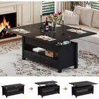 Table basse relevable séparée de 100 cm, surface pivotante à 180° se transformant en bureau de salle à manger, 2 tiroirs avec rangement dissimulé, meuble central de style industriel moderne