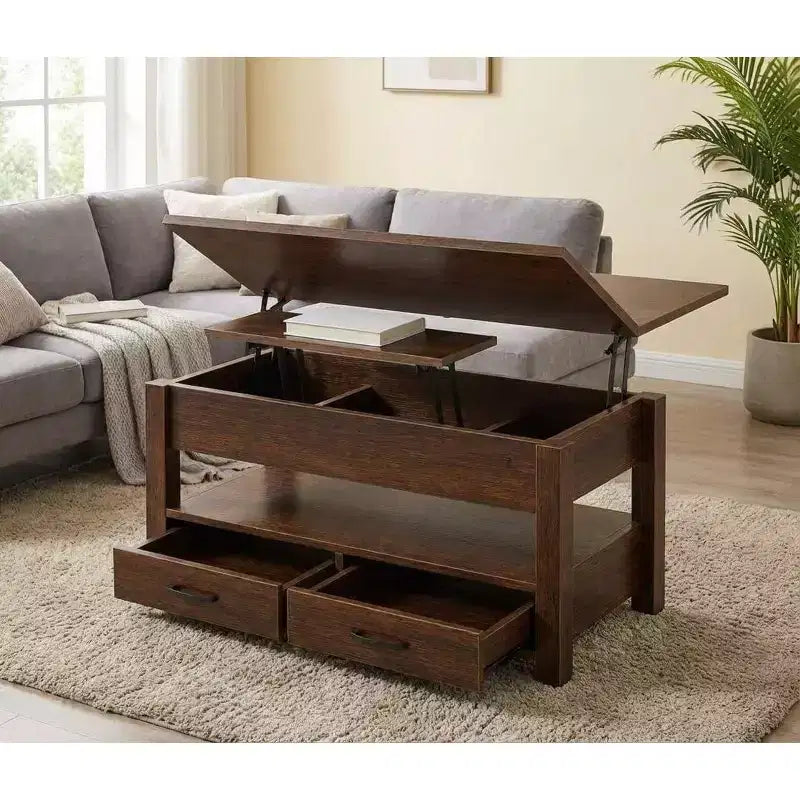 Table basse relevable séparée de 100 cm, surface pivotante à 180° se transformant en bureau de salle à manger, 2 tiroirs avec rangement dissimulé, meuble central de style industriel moderne