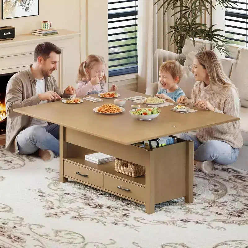Table basse relevable séparée de 100 cm, surface pivotante à 180° se transformant en bureau de salle à manger, 2 tiroirs avec rangement dissimulé, meuble central de style industriel moderne