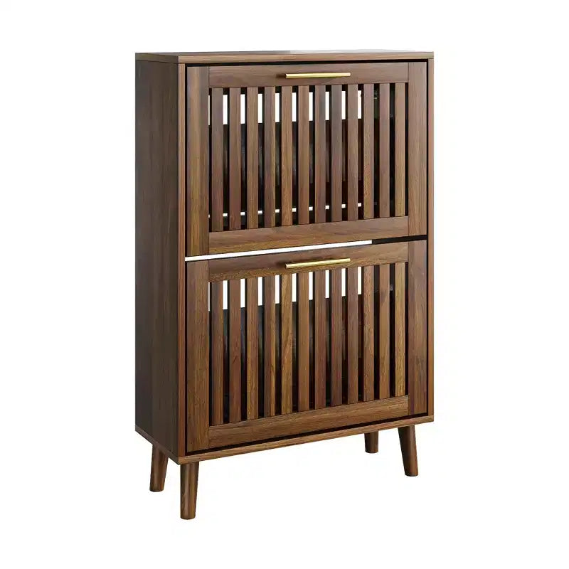 Meuble à chaussures Noyer 60 cm, Rangement d'entrée moderne avec 2 tiroirs basculants, Design clôture, pour Couloir et Corridor