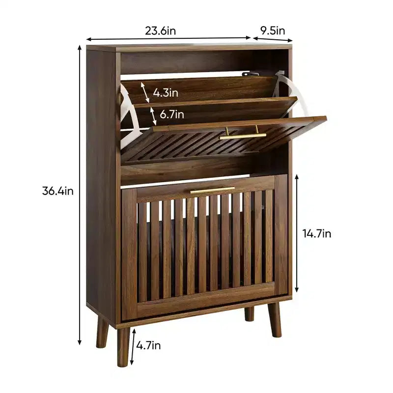 Meuble à chaussures Noyer 60 cm, Rangement d'entrée moderne avec 2 tiroirs basculants, Design clôture, pour Couloir et Corridor